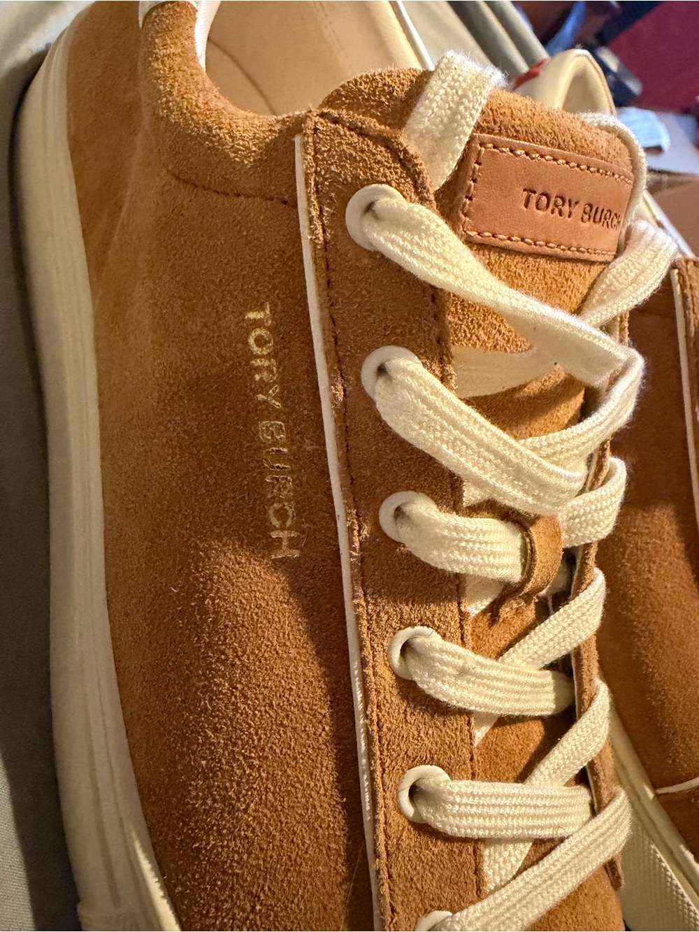 Tory Burch Camel Suede Low-Top Sneakers with Cream Accents - Picture 13 of 16